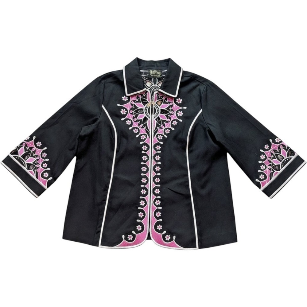 Bob Mackie Wearable Art Midnight Orchid Embroidered‎ Western Jacket L  Zip Front